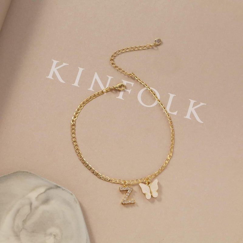 VIROMY 14K Gold Plated Dainty Butterfly Initial Ankle Bracelets Handmade Cuban Chain White Butterfly A-Z Alphabet Letter Initial Anklets Personalized Summer Beach Jewelry Gifts for Women - Image 5